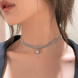 Sterling Silver Heart Pendant Mesh Choker